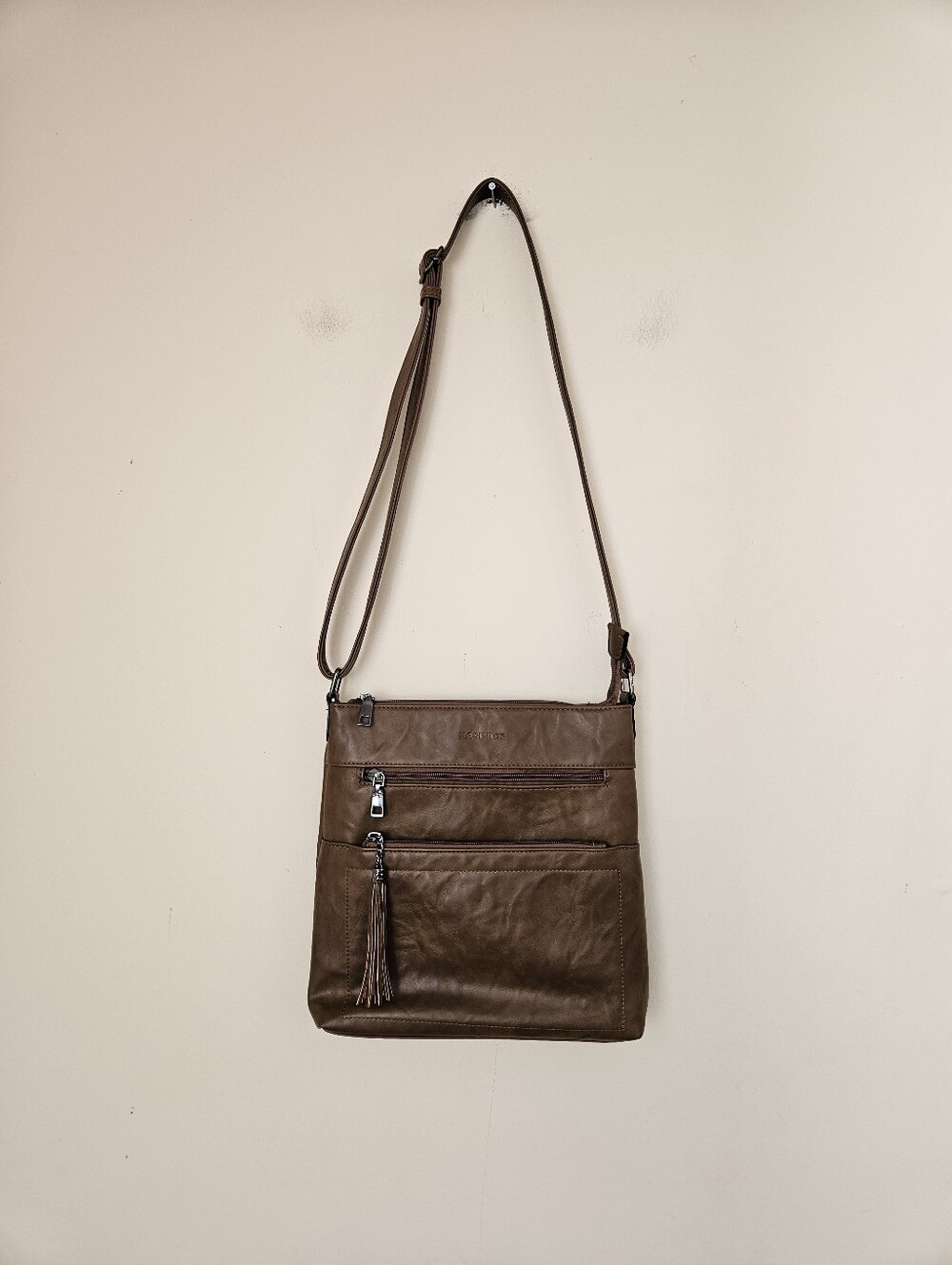 Masintor Brown Leather Crossbody Bag with Tassel